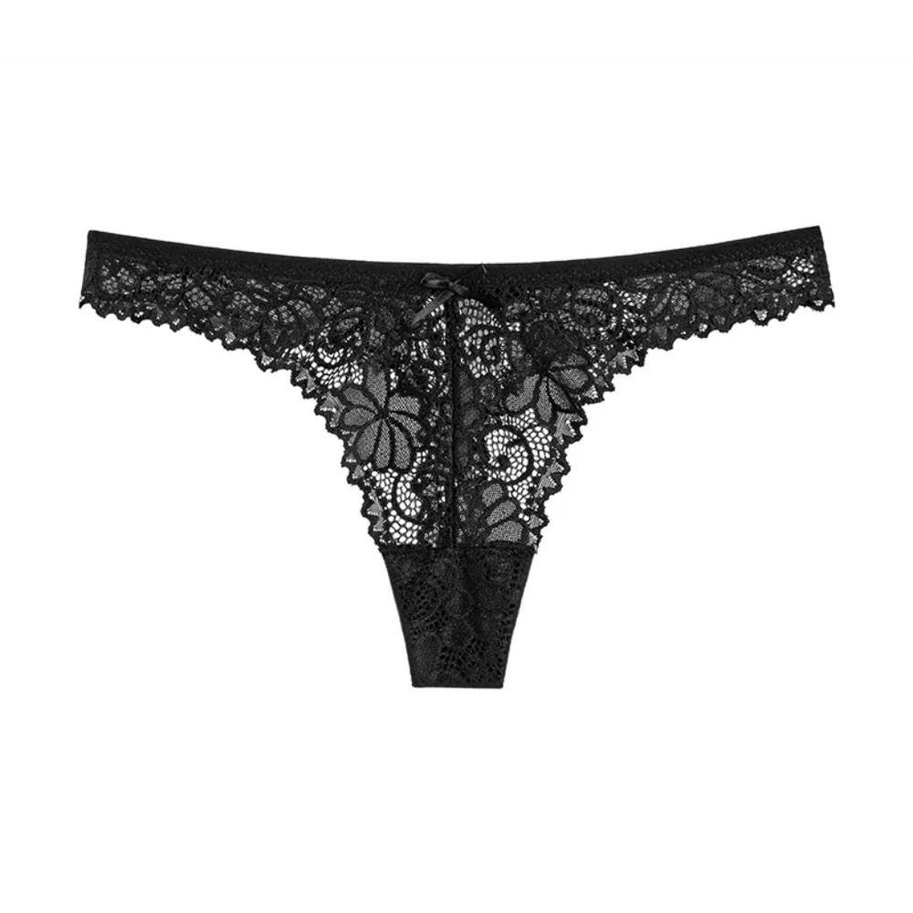 3/$35 Black Floral Lace Thong Low Waist Panties Underwear Lingerie Bow Women